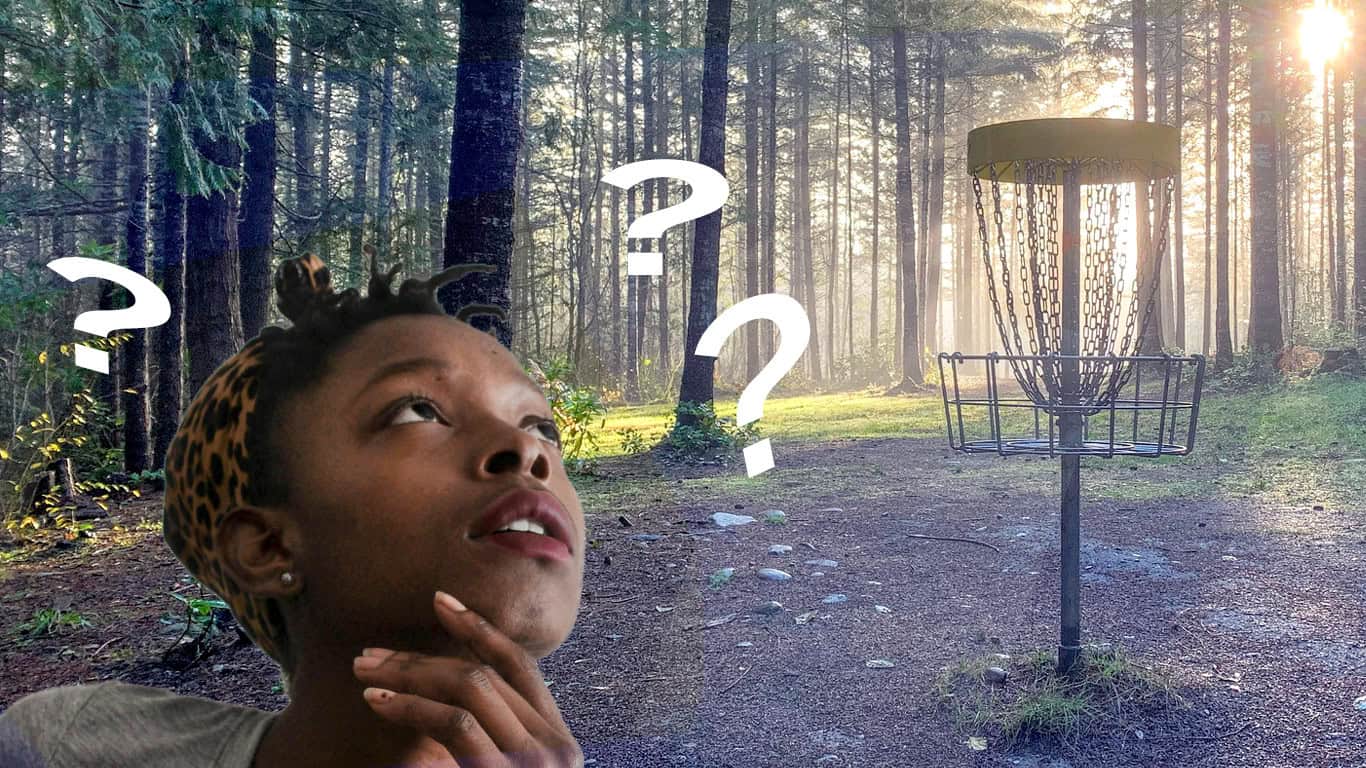 Illustration of a Woman with confused expression upon seeing a Disc Golf Basket